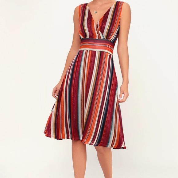 Lulus Dresses & Skirts - BURGUNDY MULTI STRIPED MIDI DRESS